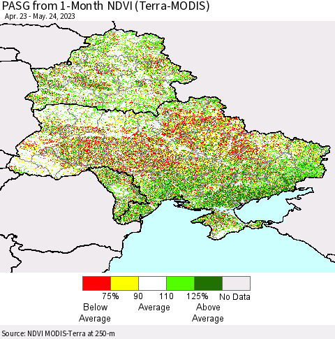 Ukraine, Moldova and Belarus PASG from 1-Month NDVI (Terra-MODIS) Thematic Map For 5/17/2023 - 5/24/2023