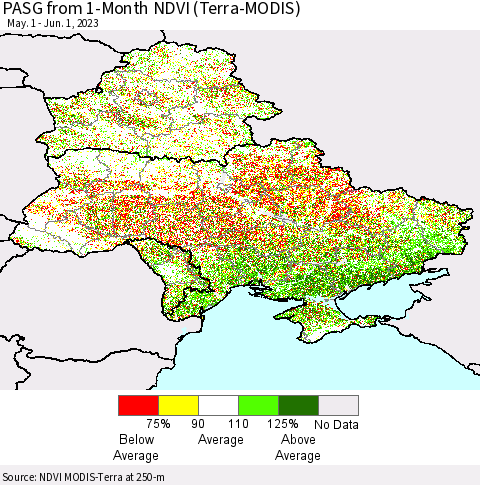 Ukraine, Moldova and Belarus PASG from 1-Month NDVI (Terra-MODIS) Thematic Map For 5/25/2023 - 6/1/2023