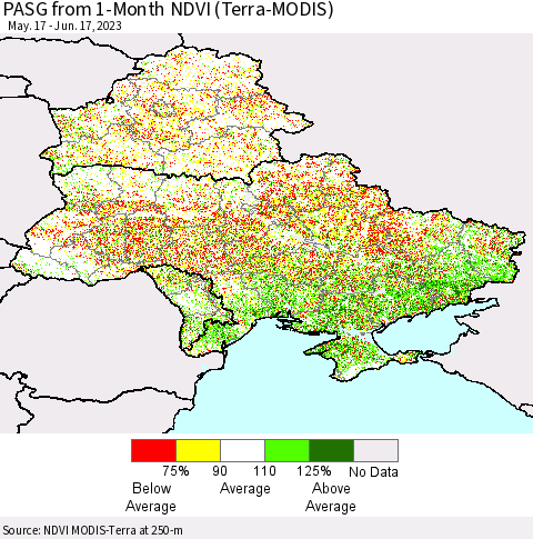 Ukraine, Moldova and Belarus PASG from 1-Month NDVI (Terra-MODIS) Thematic Map For 6/10/2023 - 6/17/2023