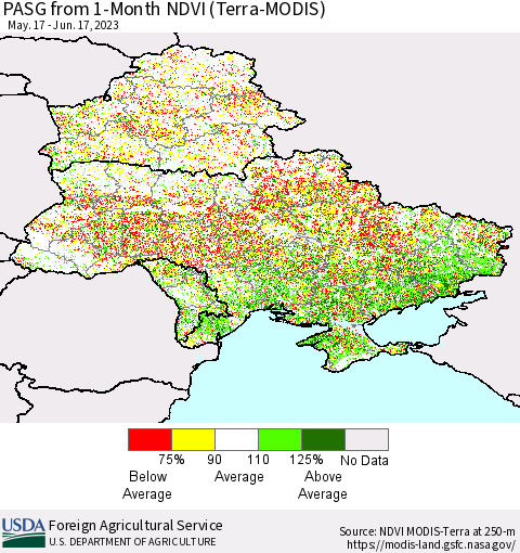 Ukraine, Moldova and Belarus PASG from 1-Month NDVI (Terra-MODIS) Thematic Map For 6/11/2023 - 6/20/2023