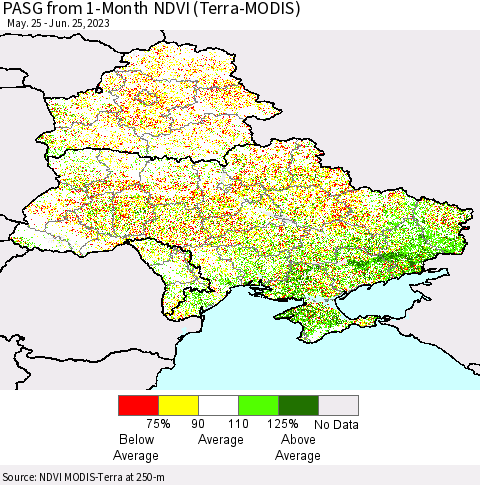Ukraine, Moldova and Belarus PASG from 1-Month NDVI (Terra-MODIS) Thematic Map For 6/18/2023 - 6/25/2023