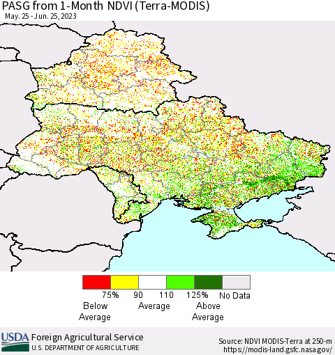 Ukraine, Moldova and Belarus PASG from 1-Month NDVI (Terra-MODIS) Thematic Map For 6/21/2023 - 6/30/2023