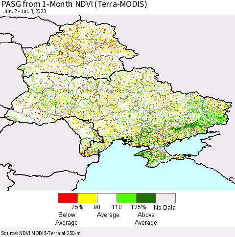 Ukraine, Moldova and Belarus PASG from 1-Month NDVI (Terra-MODIS) Thematic Map For 6/26/2023 - 7/3/2023