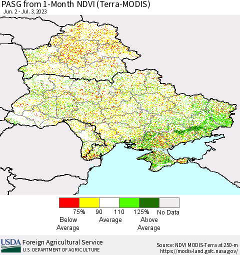 Ukraine, Moldova and Belarus PASG from 1-Month NDVI (Terra-MODIS) Thematic Map For 7/1/2023 - 7/10/2023