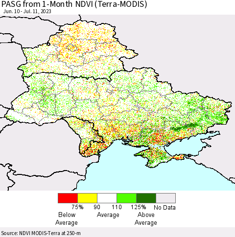 Ukraine, Moldova and Belarus PASG from 1-Month NDVI (Terra-MODIS) Thematic Map For 7/4/2023 - 7/11/2023