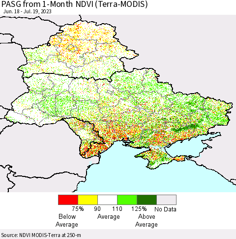 Ukraine, Moldova and Belarus PASG from 1-Month NDVI (Terra-MODIS) Thematic Map For 7/12/2023 - 7/19/2023