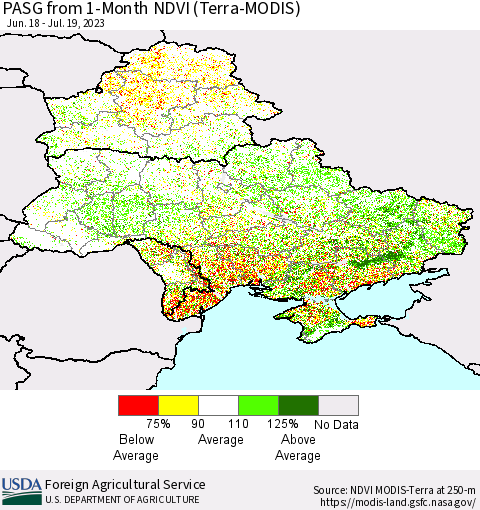 Ukraine, Moldova and Belarus PASG from 1-Month NDVI (Terra-MODIS) Thematic Map For 7/11/2023 - 7/20/2023