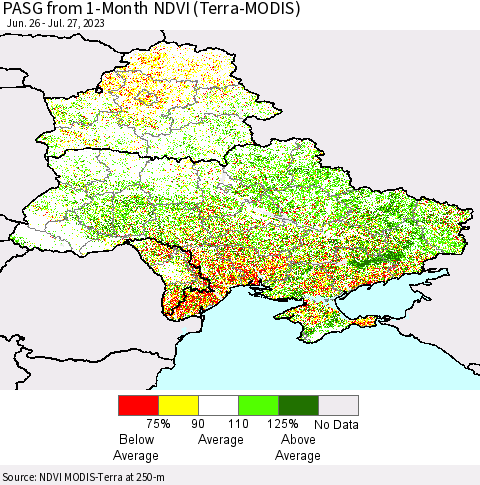 Ukraine, Moldova and Belarus PASG from 1-Month NDVI (Terra-MODIS) Thematic Map For 7/20/2023 - 7/27/2023