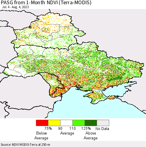Ukraine, Moldova and Belarus PASG from 1-Month NDVI (Terra-MODIS) Thematic Map For 7/28/2023 - 8/4/2023