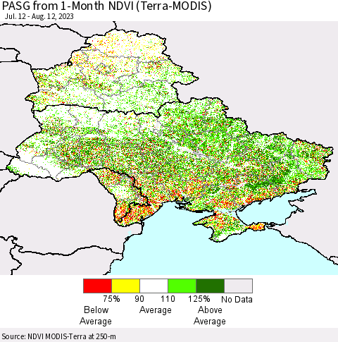 Ukraine, Moldova and Belarus PASG from 1-Month NDVI (Terra-MODIS) Thematic Map For 8/5/2023 - 8/12/2023