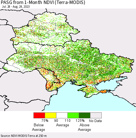 Ukraine, Moldova and Belarus PASG from 1-Month NDVI (Terra-MODIS) Thematic Map For 8/21/2023 - 8/28/2023