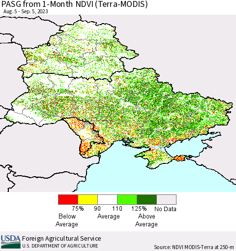 Ukraine, Moldova and Belarus PASG from 1-Month NDVI (Terra-MODIS) Thematic Map For 9/1/2023 - 9/10/2023
