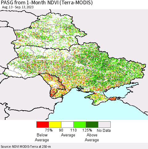 Ukraine, Moldova and Belarus PASG from 1-Month NDVI (Terra-MODIS) Thematic Map For 9/6/2023 - 9/13/2023