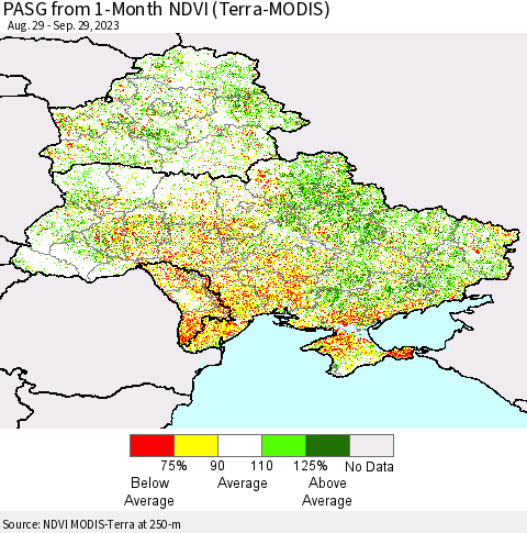 Ukraine, Moldova and Belarus PASG from 1-Month NDVI (Terra-MODIS) Thematic Map For 9/22/2023 - 9/29/2023