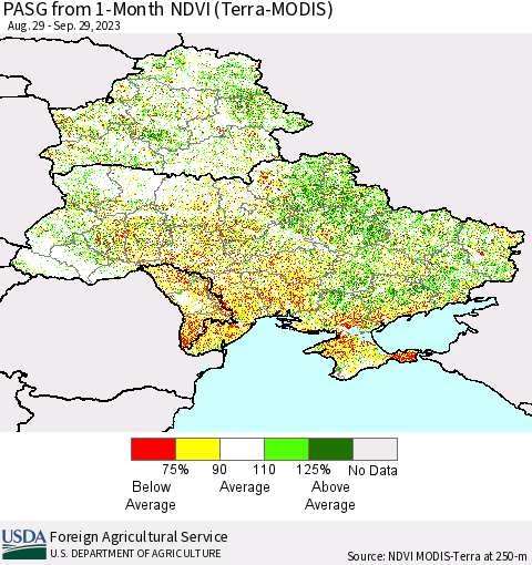 Ukraine, Moldova and Belarus PASG from 1-Month NDVI (Terra-MODIS) Thematic Map For 9/21/2023 - 9/30/2023