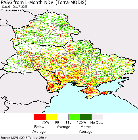 Ukraine, Moldova and Belarus PASG from 1-Month NDVI (Terra-MODIS) Thematic Map For 9/30/2023 - 10/7/2023