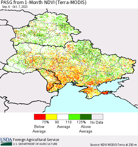 Ukraine, Moldova and Belarus PASG from 1-Month NDVI (Terra-MODIS) Thematic Map For 10/1/2023 - 10/10/2023