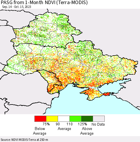 Ukraine, Moldova and Belarus PASG from 1-Month NDVI (Terra-MODIS) Thematic Map For 10/8/2023 - 10/15/2023