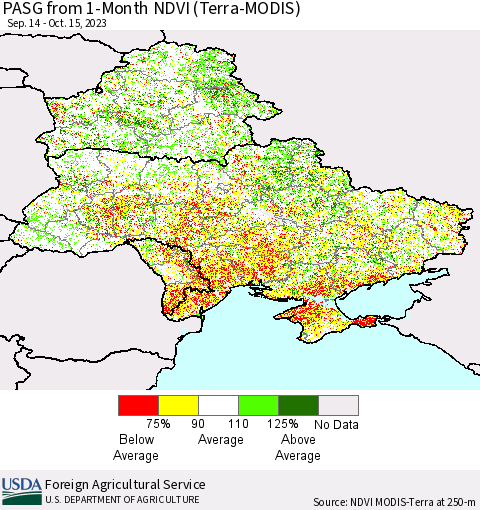 Ukraine, Moldova and Belarus PASG from 1-Month NDVI (Terra-MODIS) Thematic Map For 10/11/2023 - 10/20/2023