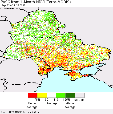 Ukraine, Moldova and Belarus PASG from 1-Month NDVI (Terra-MODIS) Thematic Map For 10/16/2023 - 10/23/2023