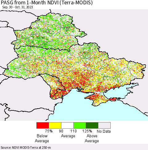 Ukraine, Moldova and Belarus PASG from 1-Month NDVI (Terra-MODIS) Thematic Map For 10/21/2023 - 10/31/2023