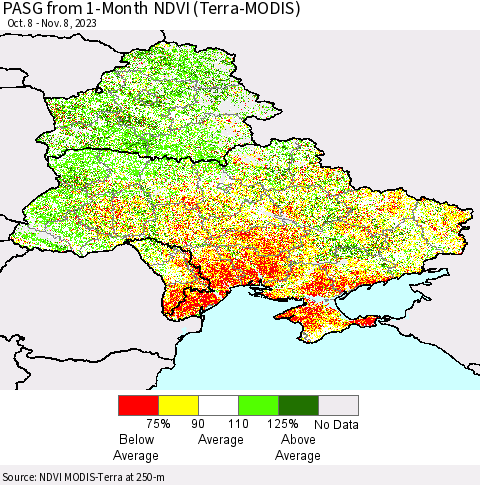 Ukraine, Moldova and Belarus PASG from 1-Month NDVI (Terra-MODIS) Thematic Map For 11/1/2023 - 11/8/2023