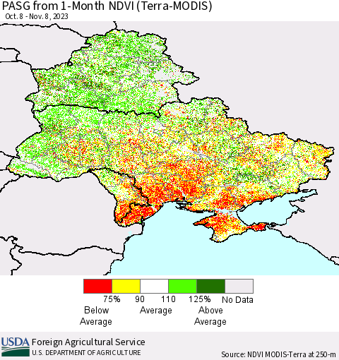 Ukraine, Moldova and Belarus PASG from 1-Month NDVI (Terra-MODIS) Thematic Map For 11/1/2023 - 11/10/2023