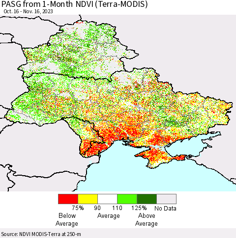 Ukraine, Moldova and Belarus PASG from 1-Month NDVI (Terra-MODIS) Thematic Map For 11/9/2023 - 11/16/2023