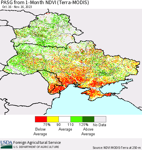 Ukraine, Moldova and Belarus PASG from 1-Month NDVI (Terra-MODIS) Thematic Map For 11/11/2023 - 11/20/2023