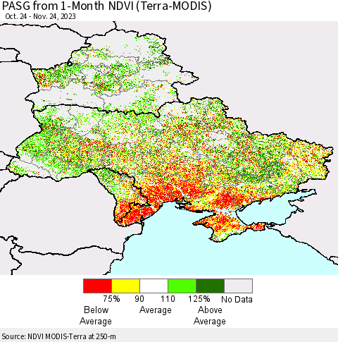 Ukraine, Moldova and Belarus PASG from 1-Month NDVI (Terra-MODIS) Thematic Map For 11/17/2023 - 11/24/2023
