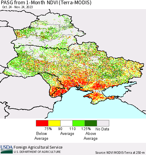 Ukraine, Moldova and Belarus PASG from 1-Month NDVI (Terra-MODIS) Thematic Map For 11/21/2023 - 11/30/2023