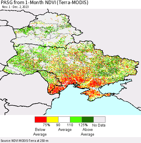 Ukraine, Moldova and Belarus PASG from 1-Month NDVI (Terra-MODIS) Thematic Map For 11/25/2023 - 12/2/2023