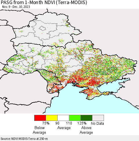 Ukraine, Moldova and Belarus PASG from 1-Month NDVI (Terra-MODIS) Thematic Map For 12/3/2023 - 12/10/2023