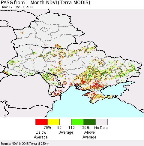 Ukraine, Moldova and Belarus PASG from 1-Month NDVI (Terra-MODIS) Thematic Map For 12/11/2023 - 12/18/2023