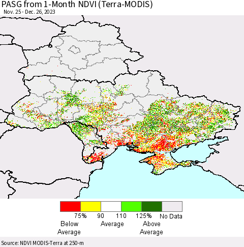 Ukraine, Moldova and Belarus PASG from 1-Month NDVI (Terra-MODIS) Thematic Map For 12/19/2023 - 12/26/2023