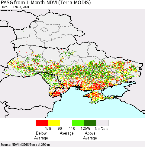 Ukraine, Moldova and Belarus PASG from 1-Month NDVI (Terra-MODIS) Thematic Map For 12/27/2023 - 1/3/2024
