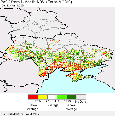 Ukraine, Moldova and Belarus PASG from 1-Month NDVI (Terra-MODIS) Thematic Map For 1/1/2024 - 1/8/2024