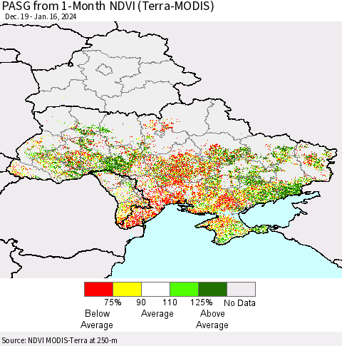 Ukraine, Moldova and Belarus PASG from 1-Month NDVI (Terra-MODIS) Thematic Map For 1/9/2024 - 1/16/2024