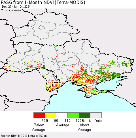 Ukraine, Moldova and Belarus PASG from 1-Month NDVI (Terra-MODIS) Thematic Map For 1/17/2024 - 1/24/2024