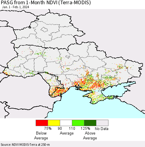 Ukraine, Moldova and Belarus PASG from 1-Month NDVI (Terra-MODIS) Thematic Map For 1/25/2024 - 2/1/2024