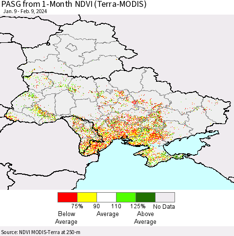 Ukraine, Moldova and Belarus PASG from 1-Month NDVI (Terra-MODIS) Thematic Map For 2/2/2024 - 2/9/2024