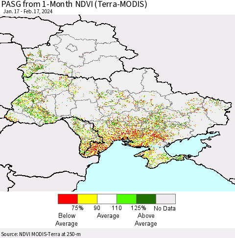 Ukraine, Moldova and Belarus PASG from 1-Month NDVI (Terra-MODIS) Thematic Map For 2/10/2024 - 2/17/2024