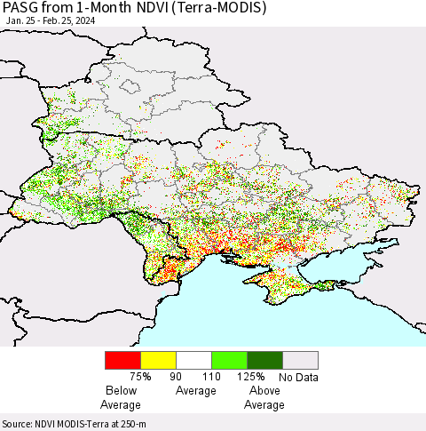 Ukraine, Moldova and Belarus PASG from 1-Month NDVI (Terra-MODIS) Thematic Map For 2/18/2024 - 2/25/2024