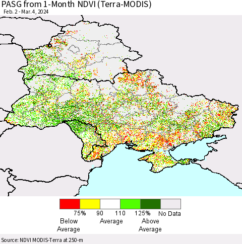 Ukraine, Moldova and Belarus PASG from 1-Month NDVI (Terra-MODIS) Thematic Map For 2/26/2024 - 3/4/2024