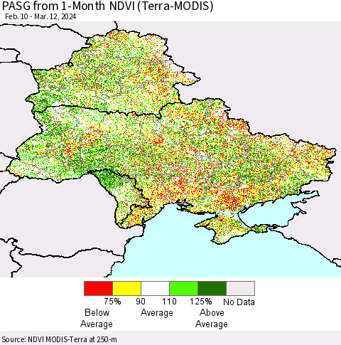 Ukraine, Moldova and Belarus PASG from 1-Month NDVI (Terra-MODIS) Thematic Map For 3/5/2024 - 3/12/2024