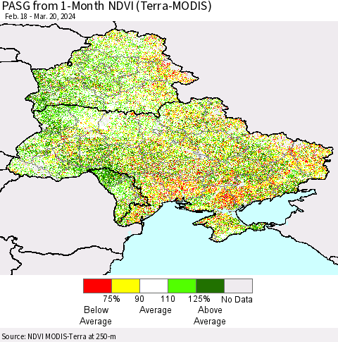 Ukraine, Moldova and Belarus PASG from 1-Month NDVI (Terra-MODIS) Thematic Map For 3/13/2024 - 3/20/2024