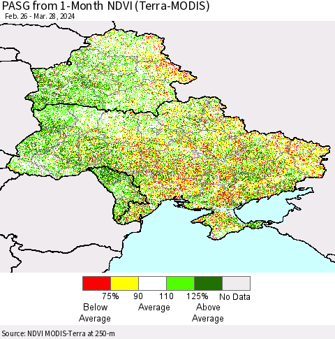 Ukraine, Moldova and Belarus PASG from 1-Month NDVI (Terra-MODIS) Thematic Map For 3/21/2024 - 3/28/2024