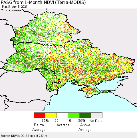 Ukraine, Moldova and Belarus PASG from 1-Month NDVI (Terra-MODIS) Thematic Map For 3/29/2024 - 4/5/2024