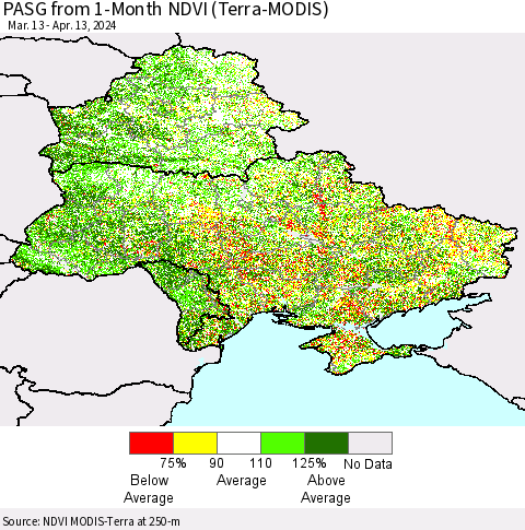 Ukraine, Moldova and Belarus PASG from 1-Month NDVI (Terra-MODIS) Thematic Map For 4/6/2024 - 4/13/2024