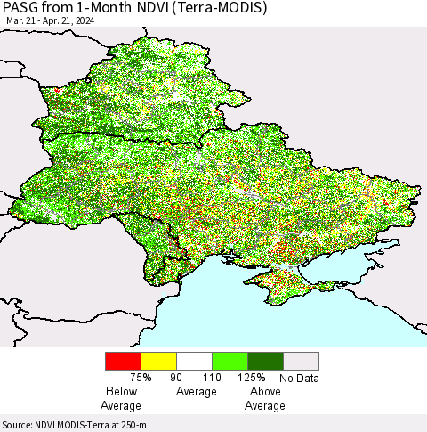 Ukraine, Moldova and Belarus PASG from 1-Month NDVI (Terra-MODIS) Thematic Map For 4/14/2024 - 4/21/2024